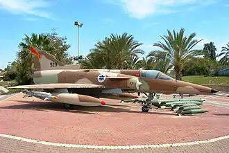 An Israeli-made IAI Kfir of 144 Squa­dron "Phoenix" from 1975, at the IAF Museum near Hatzerim Airbase