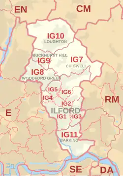IG postcode area map, showing postcode districts, post towns and neighbouring postcode areas.