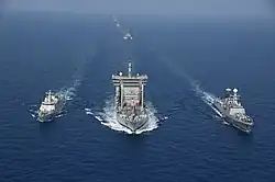 Sin Phyu Shin (F14) sporting Revathi radar with KRI Sultan Iskandar Muda (367) and INS Shakti (A57) during Milan 2024 exercise