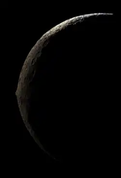 Iapetus' massive equatorial ridge is clearly visible from Cassini's images as the space probe approached Iapetus from its nightside during its closest flyby of the moon on September 10, 2007 at a distance of 83,000 kilometers (51,600 miles). The spacecraft came as close as 1,227&nbsp;km (762&nbsp;mi) from the moon's surface during this flyby.[12][13] This is also the clearest picture of the equatorial ridge to date.