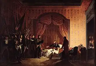 Napoleon receiving the captured Austro-Sardinian flags. He is in a bed, surrounded by other high-ranking officers, and the room is dimly-lit.