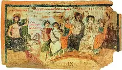 Ancient painted manuscript showing Zeus, crowned at the left, and the other gods seated on thrones.