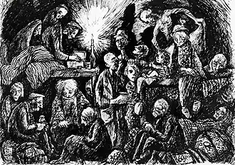 Many people clustered around a lit candle