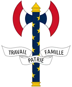 Unofficial Emblem of Philippe Pétain, chief of state of the French State, featuring the motto Travail, Famille, Patrie (Work, Family, Fatherland). The Francisque was only Pétain's personal emblem but was also gradually used as the regime's informal emblem on official documents (Vichy France; 1940–1944).
