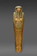 Inner coffin of Amenemopet; 975–909&nbsp;BC; painted wood & gesso; length: 195&nbsp;cm (77&nbsp;in); Metropolitan Museum of Art