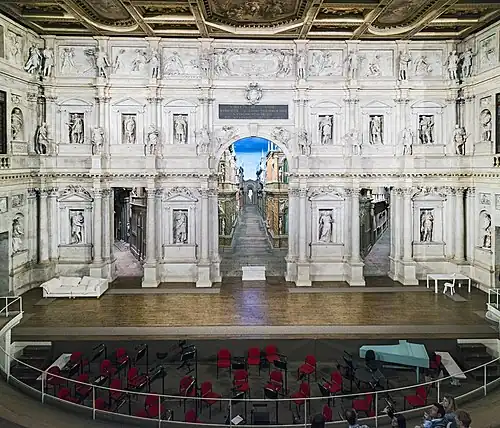Stage with scenery designed by Vincenzo Scamozzi, who completed the theatre after the death of Palladio