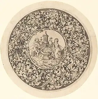 Gothic rinceaux, part of a circular artwork with musicians playing near a well, by Israhel van Meckenem, 1495-1503, engraving, National Gallery of Art, Washington, D.C., US