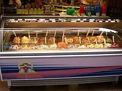 An Italian ice cream parlor with varieties of gelato (ice cream)