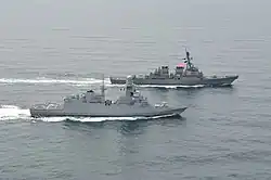 The Italian frigate&nbsp;Alpino underway with Gonzalez in the Atlantic Ocean on 17 May 2018