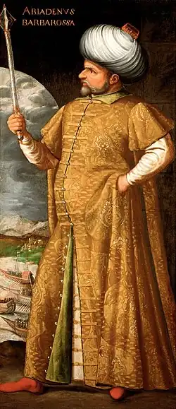 Hayreddin Barbarossa, Barbary corsair, Beylerbey of Algiers and Kapudan Pasha (Grand Admiral) of the navy of the Ottoman Empire, wearing a caftan.
