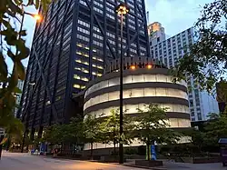 Spiral vehicle ramp to the parking garage, photographed in 2015