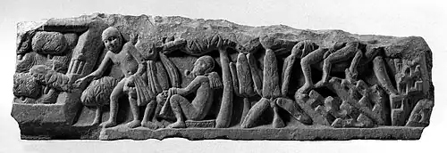 Jain relief showing monks of the ardhaphalaka sect. Early 1st century CE.[132]