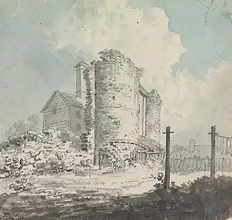 pale watercolour side view of an overgrown and crumbling stone tower with a newer house built up against it and clotheslines in the foreground