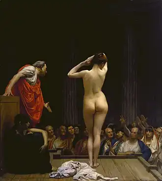 Jean Léon Gérôme, A Roman Slave Market 1884. One of Gérôme's slave-market paintings showing the slave in the same pose as Phryne.