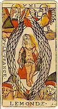 The World card from the Jean Dodal Tarot of Marseille deck (1701–1715)
