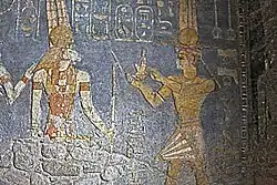 Lion-headed God Appademak with Pharaoh Taharqa (right) in the Jebel Barkal Temple of Mut