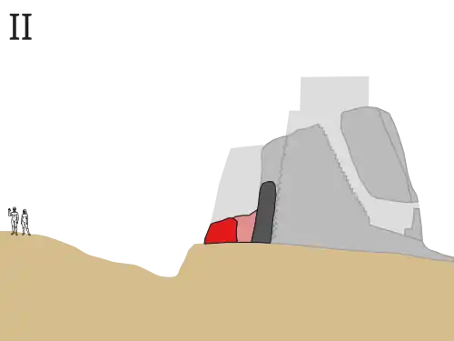 Phase II: An additional wall and outer ditch were added. The space between the two walls was filled with debris from the ditch. A 'skin wall' was built to reinforce the tower, incorporating part of the first wall.