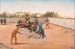 Bronco riding bareback, holding on to the mane.