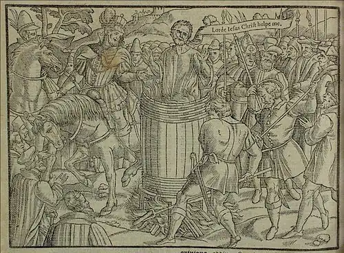 A sixteenth-century woodcut of John Badby being burned to death