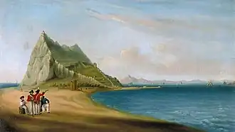 Painting of a panoramic view from the Spanish lines, showing four men, two in British Army uniforms, looking across a sandy isthmus towards the Rock of Gibraltar with the bay and the African coast visible in the background