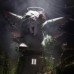 A concrete statue of an angel covered in vines and black-colored tears coming out of its eyes, with "II" being read at the bottom of it.