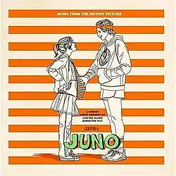 A line drawing of Michael Cera touching Elliot Page's pregnant belly