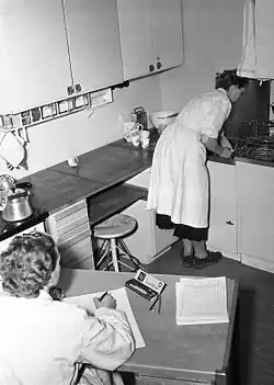 En kvinna arbetar i köket, en annan kvinna antecknar och klockar tiden (Rålambsvägen 8 och 10 i Stockholm)