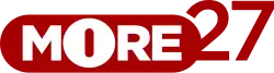 A red rectangle with rounded circular edges containing the word MORE in a bold sans serif. The O is larger than the other letters and is borrowed from the Fox network logo. To the right and slightly above, overlapping, is a red 27.