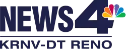 Mostly in navy blue: on top, the word NEWS next to a wide sans serif 4 with the NBC peacock logo superimposed on it. Beneath a line, the text "K R N V - D T Reno" in a sans serif.