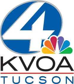 A tilted blue oval containing a white 4 and partially overlapped by a small NBC peacock. Underneath is the call sign K V O A above a red line and the word TUCSON below it.