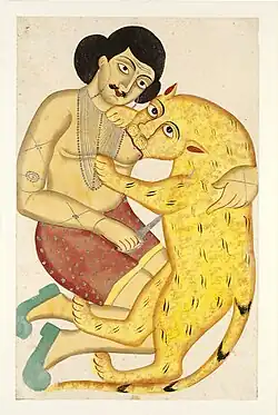 Shyamakanta wrestling with a Bengal tiger.