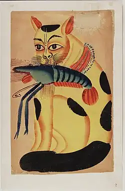 Cat with Vaishnavite mark on forehead stealing a crayfish, perhaps a representation of a Bengali satire or proverb on religion.