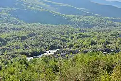 A section of the gorge covered with stones after the collapse of the Kolka glacier