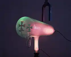 A magnet creates a horizontal magnetic field through the neck of the tube, bending the rays up, so the green spot is higher.