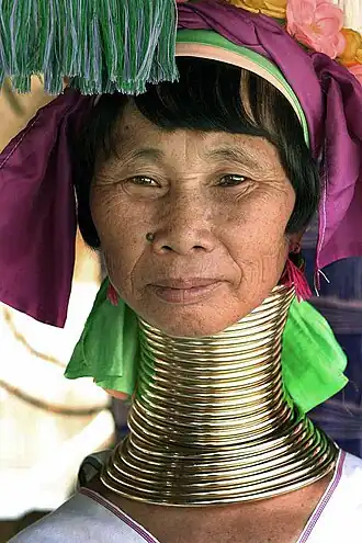 The Kayan people of Burma (Myanmar) associate the wearing of neck rings with feminine beauty.[59]