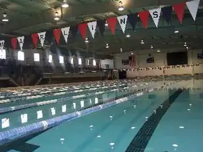 The Olympic-size swimming pool inside Keating Natatorium