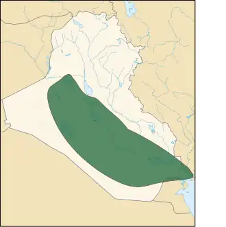 Kingdom of Khaza'il shaded in Green showing its territorial boundaries at its peak during the late 17th to late 19th century from Anah to Basra.