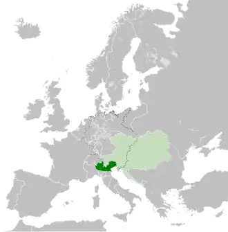 The Kingdom of Lombardy-Venetia (green) and the Austrian Empire (light green) in 1815