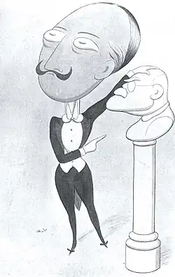 black and white drawing of a man in evening dress with a bust of the author Rudyard Kipling