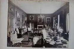 Kirkby Fleetham Hall's saloon pre 1889. A portrait of Harry Edmund Waller III, JP, DL (1804–1869) is visible in the left corner.