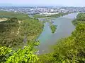 The Waga River (left) empties into the Kitakami River on the south side of Kitakami City. View from Otoko-yama
