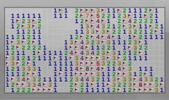 A completed expert game of KMines, a free and open-source variant of Minesweeper.