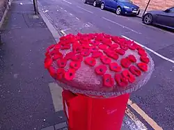 Knitted Remembrance poppies in Walthamstow, Greater London, 2020