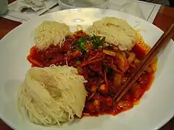Nakji bokkeum with somyeon (fried octopus in gochujang with fine noodles)