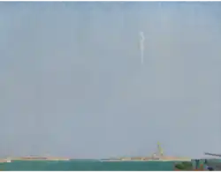 Colour painting of a crashing Airship