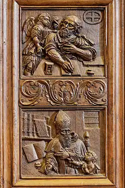 In the top panel Matthew the Evangelist is accompanied by his attribute, a small angel. In the panel below is Saint Augustine