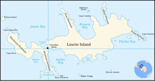 Outline lap of an irregular-shaped island showing Scotia Bay and the site of the Orcadas weather station