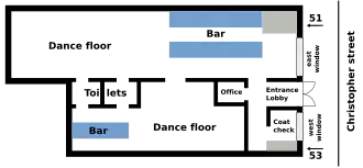 A color digital illustration of the layout of the Stonewall Inn in 1969: a rectangular building with the front along Christopher Street; the entrance opens to a lobby where patrons could go to the larger part of the bar to the right that also featured a larger dance floor. From that room was an entrance to a smaller room with a smaller dance floor and smaller bar. The toilets are located near the rear of the building