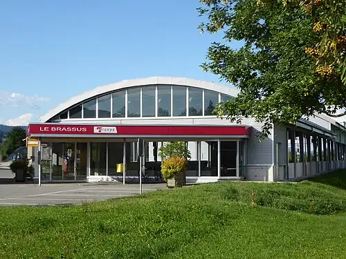 Station shelter with a sign