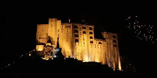 Leh Palace lit at night during the Galdan Namchot festival.